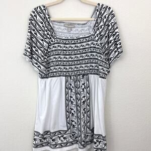 Woman Within Womens Short Sleeve Top Sz 18/20 Smocked Beaded Floral Casual White